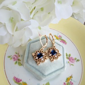 Gold Plated Filigree Dangle Earrings, Vintage Style Drop Earrings with Red, Green or Blue Cubic Zirconia