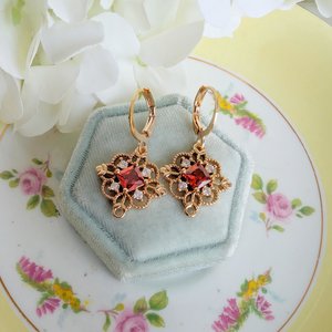 Gold Plated Filigree Dangle Earrings, Vintage Style Drop Earrings with Red, Green or Blue Cubic Zirconia