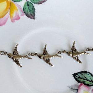 Bronze Swallow Bracelet, Dainty Trio of Flying Birds, Vintage Style Nature Jewelry