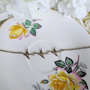 Bronze Swallow Bracelet, Dainty Trio of Flying Birds, Vintage Style Nature Jewelry