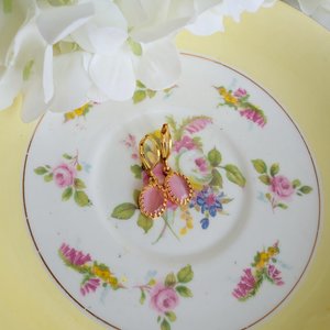 Gold Plated Crown Bezel Earrings with Pink Cat’s Eye Stones, Elegant Vintage Inspired Jewelry