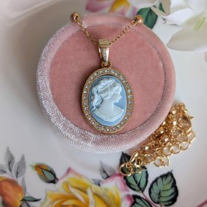 Gold Plated Cameo Necklace: Cubic Zirconia Halo, White on Blue Victorian Lady Pendant