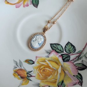 Gold Plated Cameo Necklace: Cubic Zirconia Halo, White on Blue Victorian Lady Pendant