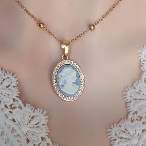 Gold Plated Cameo Necklace: Cubic Zirconia Halo, White on Blue Victorian Lady Pendant