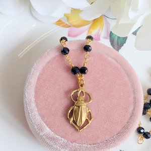 Golden Brass Scarab Pendant Choker, Black Beaded Rosary Chain Necklace, Vintage Style Jewelry
