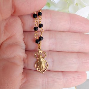Golden Brass Scarab Pendant Choker, Black Beaded Rosary Chain Necklace, Vintage Style Jewelry