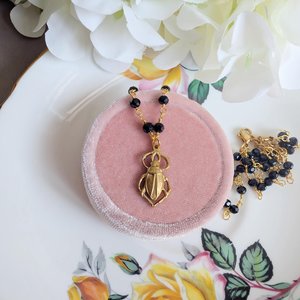 Golden Brass Scarab Pendant Choker, Black Beaded Rosary Chain Necklace, Vintage Style Jewelry