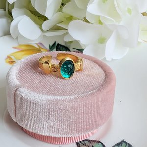 Antique Style Blue Cabochon Ring, Gold Plated Brass Adjustable, Vintage Inspired Statement Jewelry Gift