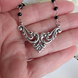 Silver Filigree Choker Necklace – Black Beaded Rosary Chain, Vintage Gothic Style Jewelry