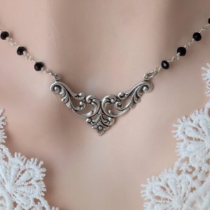 Silver Filigree Choker Necklace – Black Beaded Rosary Chain, Vintage Gothic Style Jewelry