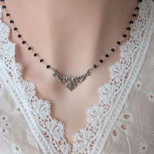 Silver Filigree Choker Necklace – Black Beaded Rosary Chain, Vintage Gothic Style Jewelry