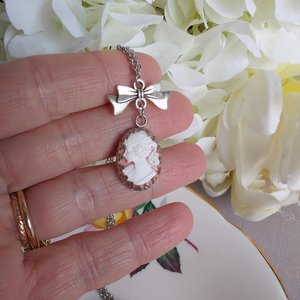Stainless Steel Cameo Pendant Necklace – White on Pink Lady Cameo with Bow Connector, Vintage Style Jewelry