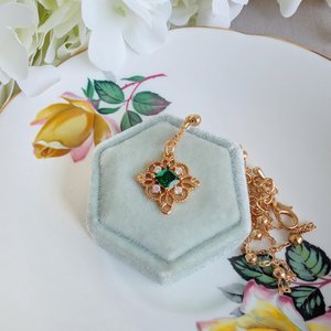 Gold Plated Filigree Necklace, Vintage Style Pendant with Red, Green or Blue Cubic Zirconia, Victorian Jewelry Gift for Bridesmaid