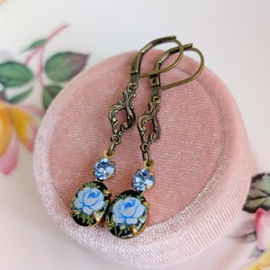 Blue Flower Limoges Style Earrings – Antiqued Brass with Czech Crystal Accents, Victorian Jewelry for Historical Fiction Lover