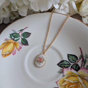Regency Pink Rose Necklace, Vintage Inspired, Historical Costume Jewelry