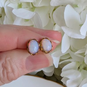 Vintage Glass Opal Stud Earrings – Milky White Pink Hues in Golden Brass Lacy Bezel