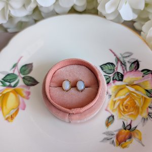 Vintage Glass Opal Stud Earrings – Milky White Pink Hues in Golden Brass Lacy Bezel