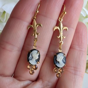 Victorian Style Cameo Earrings, White on Black with Fleur de Lis and Cognac Crystal Accents
