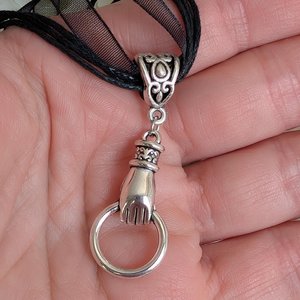 Silver Hand Choker Necklace – Vintage Style Pendant on Black Organza Ribbon, Gothic Victorian Jewelry