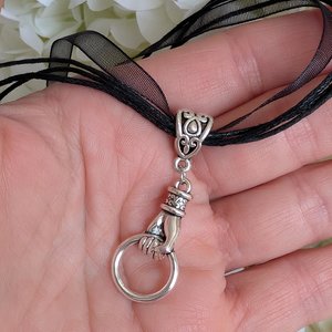 Silver Hand Choker Necklace – Vintage Style Pendant on Black Organza Ribbon, Gothic Victorian Jewelry