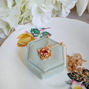 Gold Plated Filigree Necklace, Vintage Style Pendant with Red, Green or Blue Cubic Zirconia, Victorian Jewelry Gift for Bridesmaid