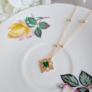Gold Plated Filigree Necklace, Vintage Style Pendant with Red, Green or Blue Cubic Zirconia, Victorian Jewelry Gift for Bridesmaid