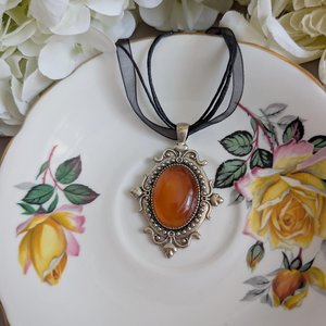 Carnelian Choker Necklace – Oval Stone Pendant in Silver Gothic Setting on Black Organza Ribbon