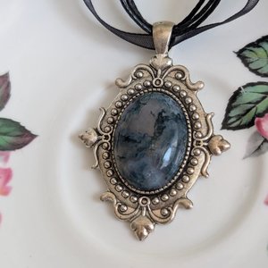 Carnelian Choker Necklace – Oval Stone Pendant in Silver Gothic Setting on Black Organza Ribbon