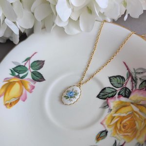 Regency Blue Rose Necklace, Vintage Inspired, Historical Costume Jewelry