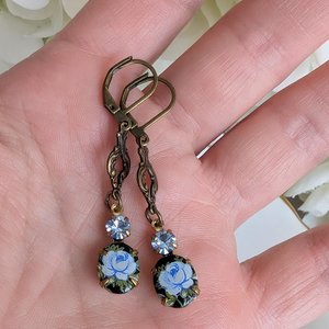 Blue Flower Limoges Style Earrings – Antiqued Brass with Czech Crystal Accents, Victorian Jewelry for Historical Fiction Lover