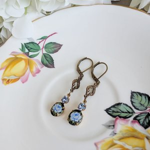 Blue Flower Limoges Style Earrings – Antiqued Brass with Czech Crystal Accents, Victorian Jewelry for Historical Fiction Lover