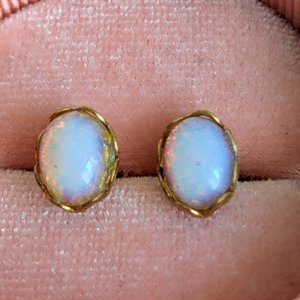 Vintage Glass Opal Stud Earrings – Milky White Pink Hues in Golden Brass Lacy Bezel