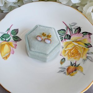 Vintage Glass Opal Stud Earrings – Milky White Pink Hues in Golden Brass Lacy Bezel