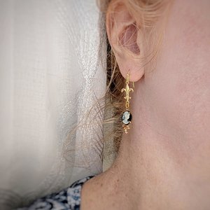 Victorian Style Cameo Earrings, White on Black with Fleur de Lis and Cognac Crystal Accents