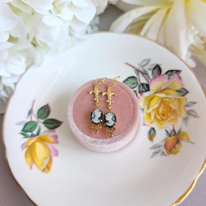 Victorian Style Cameo Earrings, White on Black with Fleur de Lis and Cognac Crystal Accents