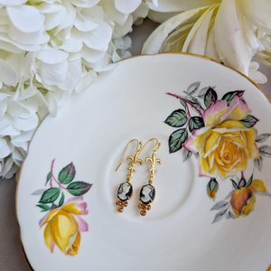 Victorian Style Cameo Earrings, White on Black with Fleur de Lis and Cognac Crystal Accents