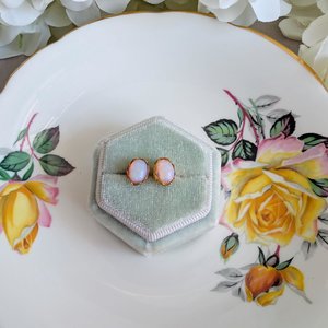 Vintage Glass Opal Stud Earrings – Milky White Pink Hues in Golden Brass Lacy Bezel