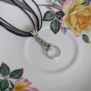 Silver Hand Choker Necklace – Vintage Style Pendant on Black Organza Ribbon, Gothic Victorian Jewelry