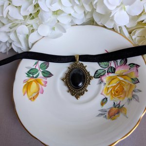 Black Obsidian Gothic Choker Necklace – Oval Stone Pendant in Bronze or Silver Vintage Setting on Black Velvet Ribbon