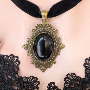 Gothic Black Obsidian Choker Necklace – Oval Stone Pendant in Silver Vintage Setting on Black Velvet Ribbon
