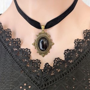 Black Obsidian Gothic Choker Necklace – Oval Stone Pendant in Bronze or Silver Vintage Setting on Black Velvet Ribbon