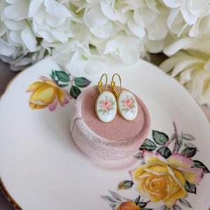 Limoges Inspired Pink Rose Earrings, Vintage Floral Lever Back Earrings in Brass, Silver or Matte Black