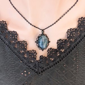 Oval Moss Agate Necklace, Gothic Lacy Black Pendant, Natural Green Gemstone, Vintage Inspired Jewelry