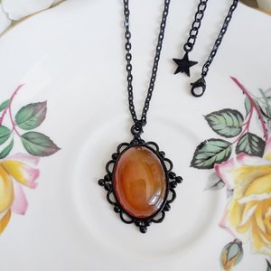 Oval Carnelian Necklace, Gothic Lacy Black Pendant, Natural Red Gemstone, Vintage Inspired Jewelry