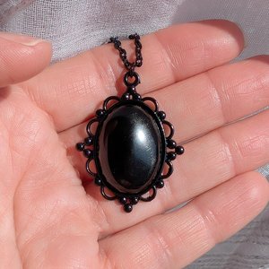 Oval Obsidian Necklace, Gothic Lacy Black Pendant, Natural Black Gemstone, Vintage Inspired Jewelry
