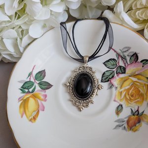 Carnelian Choker Necklace – Oval Stone Pendant in Silver Gothic Setting on Black Organza Ribbon