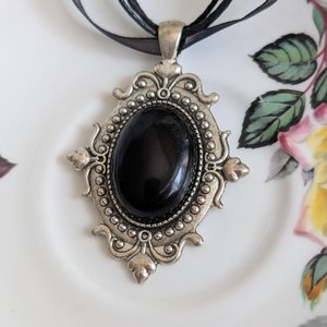 Carnelian Choker Necklace – Oval Stone Pendant in Silver Gothic Setting on Black Organza Ribbon
