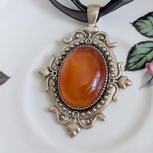 Carnelian Choker Necklace – Oval Stone Pendant in Silver Gothic Setting on Black Organza Ribbon