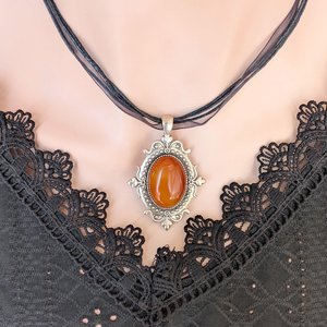 Carnelian Choker Necklace – Oval Stone Pendant in Silver Gothic Setting on Black Organza Ribbon