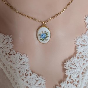Regency Blue Rose Necklace, Vintage Inspired, Historical Costume Jewelry